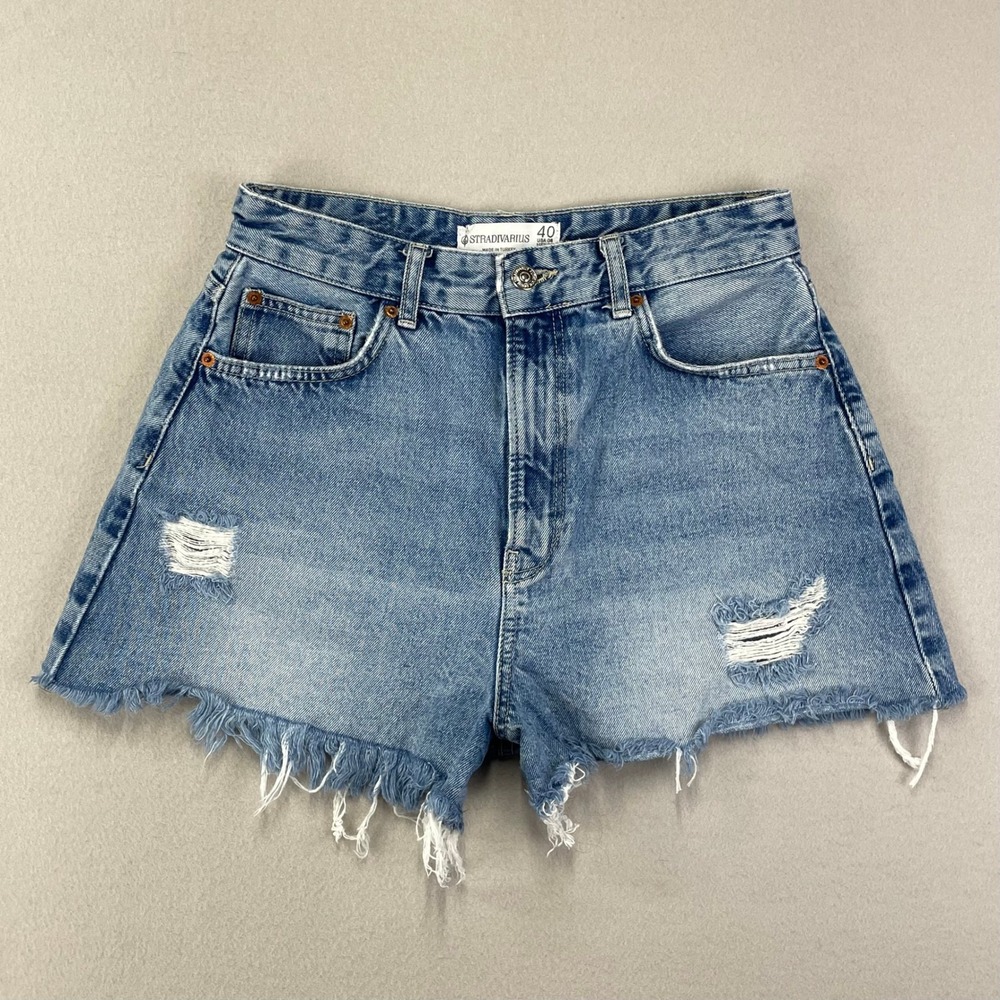 Stradivarius Jean Shorts Womens 8 Blue Distressed High Rise Cut Off Denim
